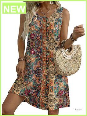 Sleeveless Casual Floral Tshirt Sundress with Pockets Loose Tank Beach Dress